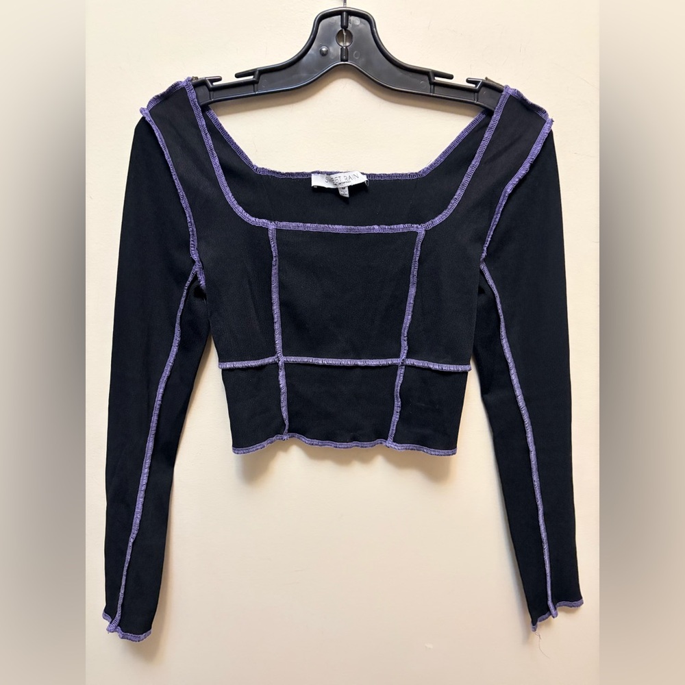 SWEET RAIN Cropped Purple Stitched Long Sleeve Top